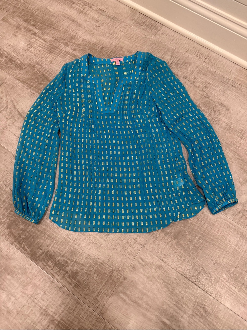 Lilly Pulitzer Teal Long-Sleeve V-Neck Blouse with Gold Dot Print